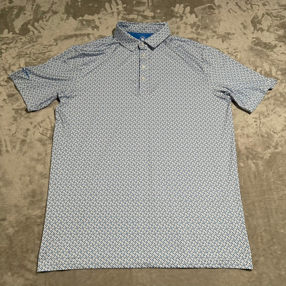 Coby Stevens Shirt Mens XL Blue Polo Golf Performance Casual AOP Short Sleeve